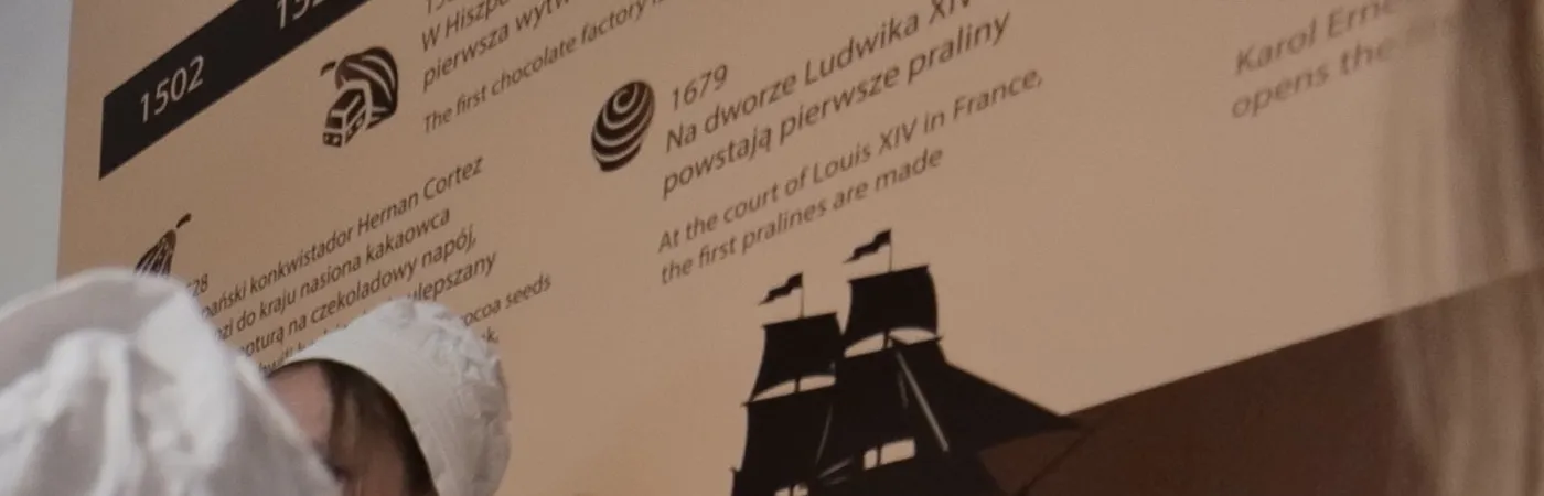 Ścianka z osią czasu historii czekolady w Muzeum Czekolady — kamienie milowe od 1502 do XVII wieku